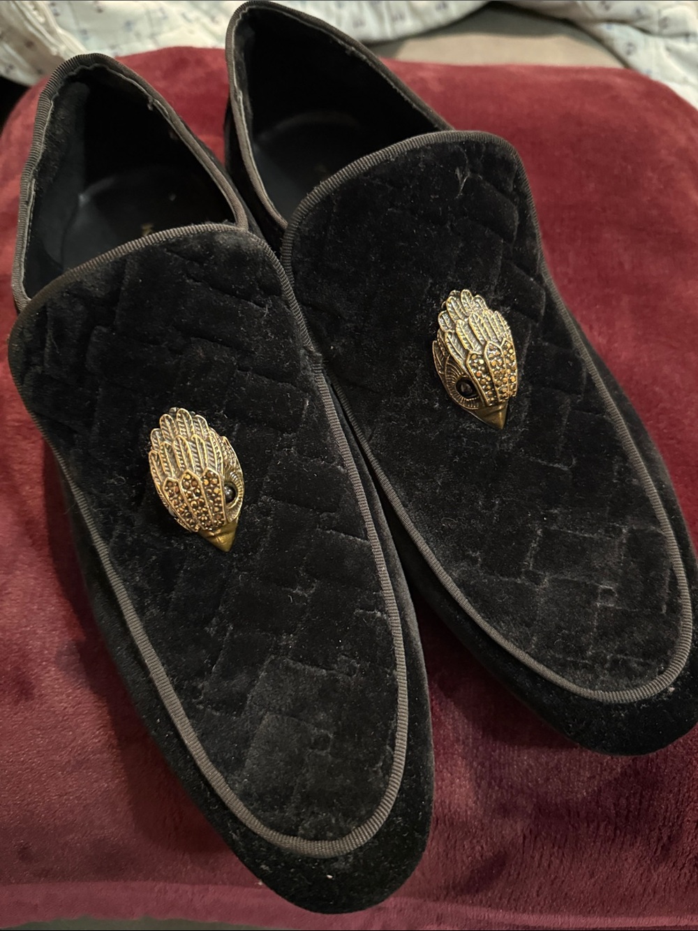 Kurt Geiger Black Quilted Velvet Loafers with Gold Crest 9